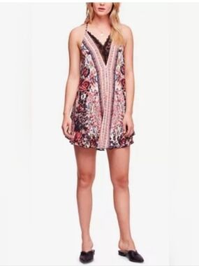 NWT Free People Floral V-Neck Slip Dress in Pink